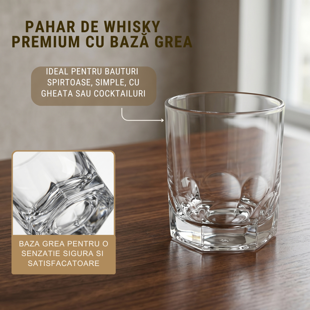 Set 6 pahare whisky din sticlă 300 ml Delisoga, pahare tumbler transparente cu bază fațetată, pentru whisky, coniac, rom, cocktailuri, apă și suc, pahare joase pentru bar acasă, 6 bucăți [4]