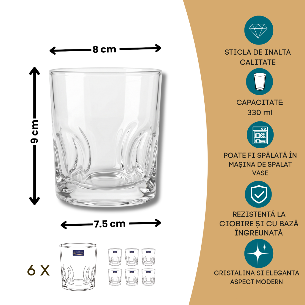Set 6 pahare whisky din sticlă 330 ml Delisoga, pahare tumbler transparente cu model în relief la bază, pentru whisky, cocktailuri, apă și suc, pahare joase pentru bar și masă, 6 bucăți [5]