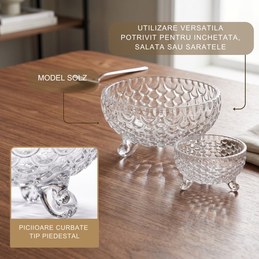 Set boluri din sticlă cu picior Delisoga, 1 bol mare și 6 boluri mici, model cu bule în relief, pentru salate, fructe, deserturi și înghețată, set de servire 7 piese transparent, aspect vintage [3]