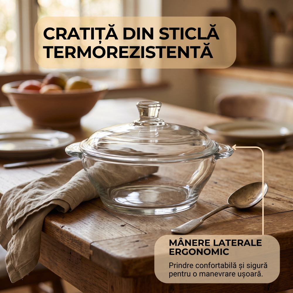 Vas din sticlă cu capac 750 ml Delisoga, bol tip oală cu mânere, transparent, castron cu capac pentru salate, sosuri, garnituri, deserturi și gustări, vas de servire și păstrare alimente [3]