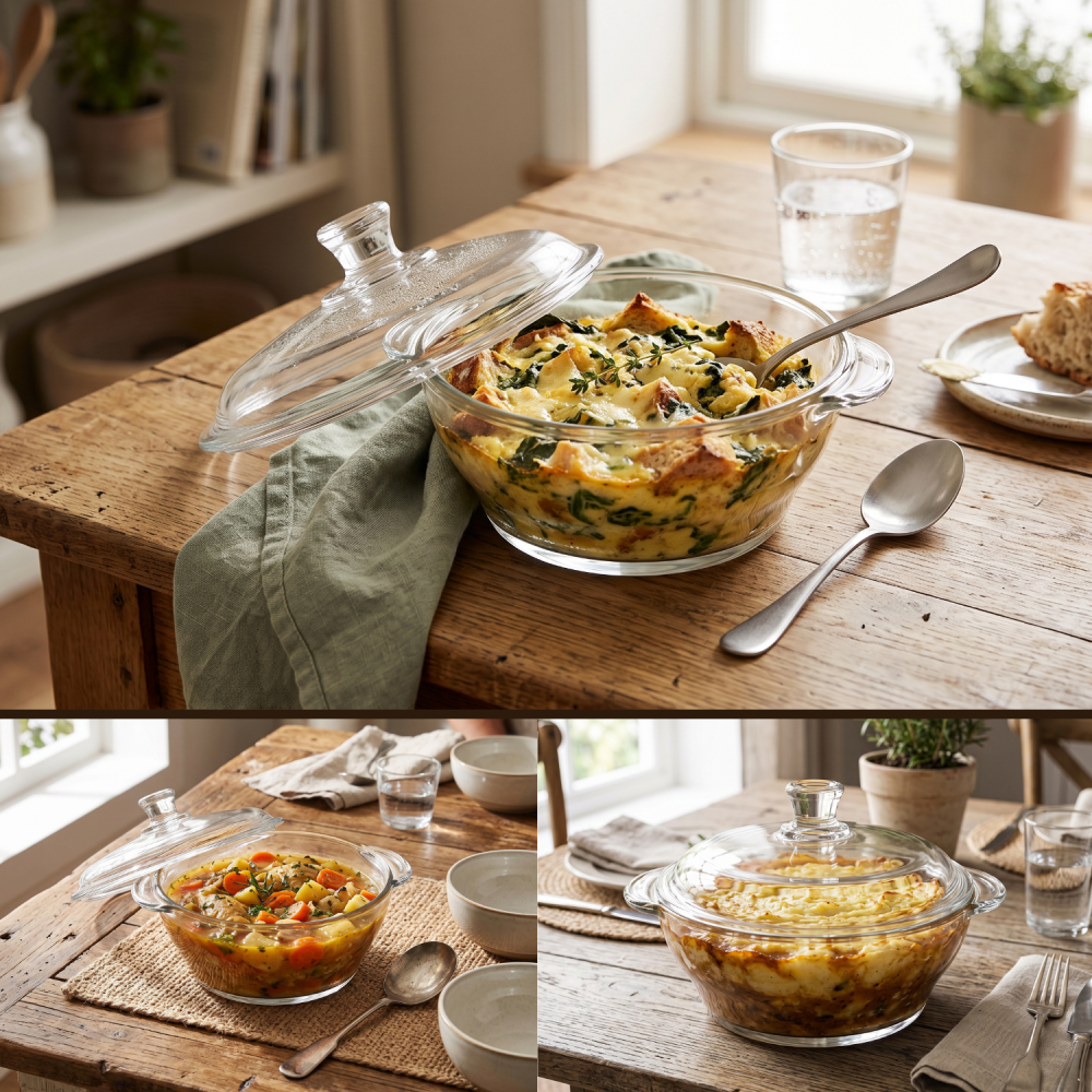 Vas din sticlă cu capac 750 ml Delisoga, bol tip oală cu mânere, transparent, castron cu capac pentru salate, sosuri, garnituri, deserturi și gustări, vas de servire și păstrare alimente [2]