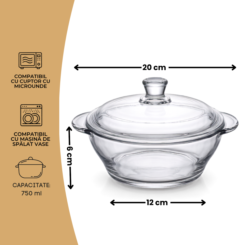 Vas din sticlă cu capac 750 ml Delisoga, bol tip oală cu mânere, transparent, castron cu capac pentru salate, sosuri, garnituri, deserturi și gustări, vas de servire și păstrare alimente [4]