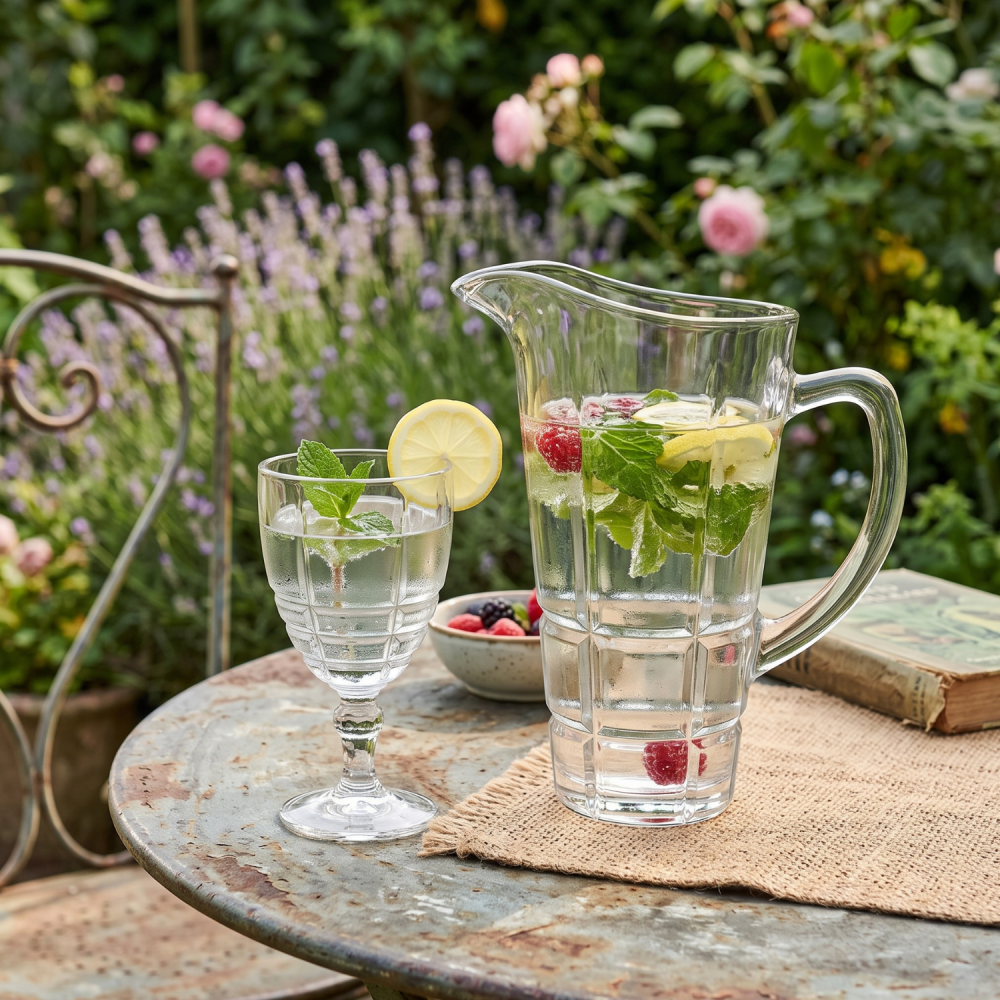 Set carafă înaltă cu mâner și 6 pahare cu picior din sticlă Delisoga, model în relief, set 7 piese pentru apă, suc, limonadă și vin, sticlă transparentă pentru masa festivă și musafiri [2]