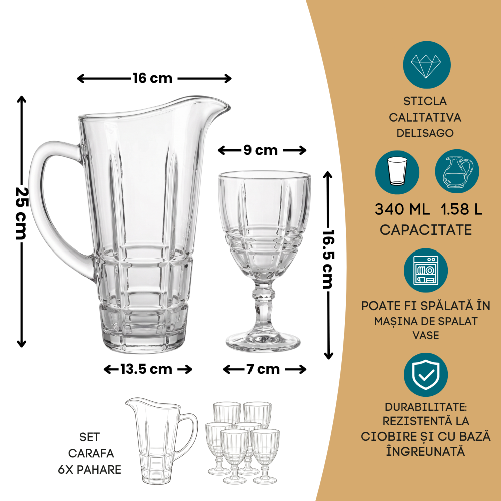 Set carafă înaltă cu mâner și 6 pahare cu picior din sticlă Delisoga, model în relief, set 7 piese pentru apă, suc, limonadă și vin, sticlă transparentă pentru masa festivă și musafiri [4]