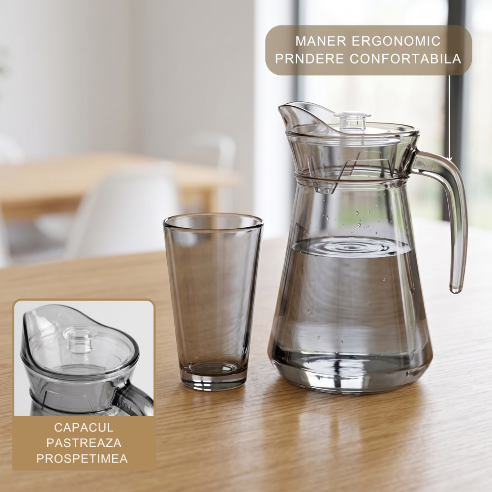 Set carafă cu mâner și 6 pahare din sticlă fumurie Delisoga, carafă și pahare gri fără picior, set 7 piese pentru apă, suc, limonadă și ceai rece, sticlă fumurie transparentă, set servire băuturi [3]