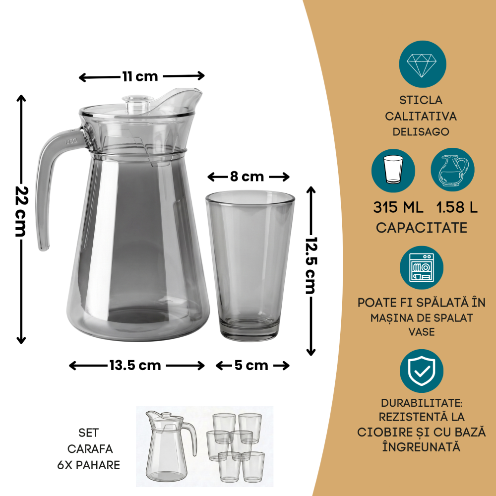 Set carafă cu mâner și 6 pahare din sticlă fumurie Delisoga, carafă și pahare gri fără picior, set 7 piese pentru apă, suc, limonadă și ceai rece, sticlă fumurie transparentă, set servire băuturi [4]