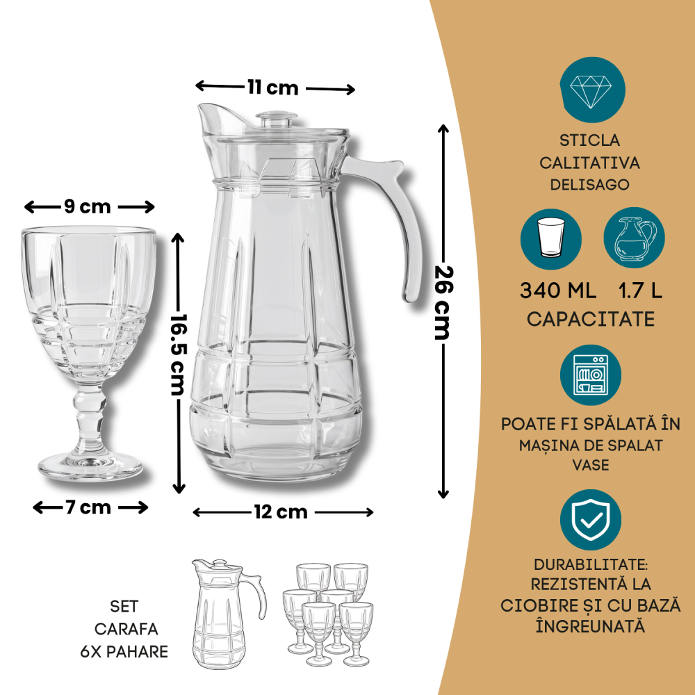 Set carafă înaltă cu capac 1,7 L și 6 pahare cu picior, sticlă transparentă Delisoga, carafă cu mâner, model caroiaj în relief, set 7 piese pentru apă, suc, limonadă și vin, masă festivă [4]