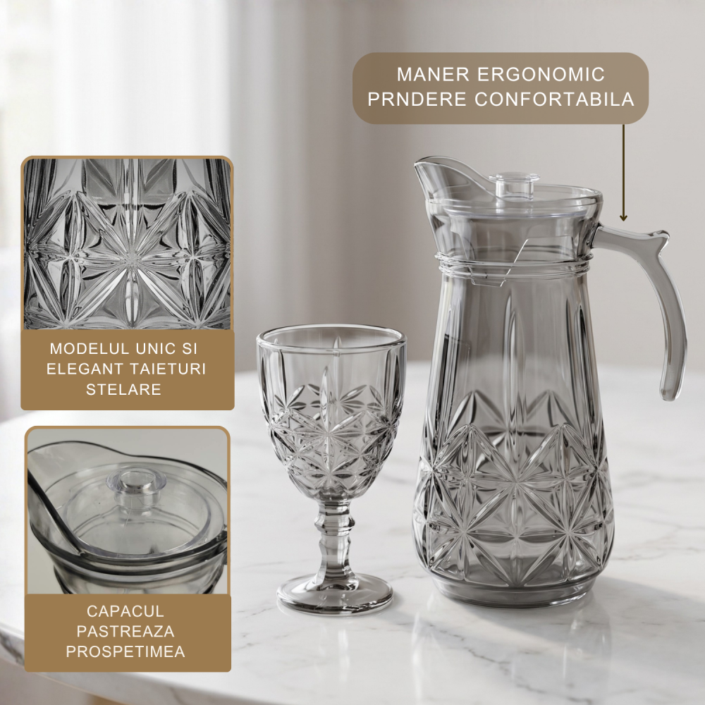 Set carafă cu capac 1,7 L și 6 pahare cu picior 340 ml, sticlă fumurie gri Delisoga, carafă cu mâner, model în relief, set 7 piese pentru apă, suc, limonadă și vin, set servire băuturi fumuriu [3]