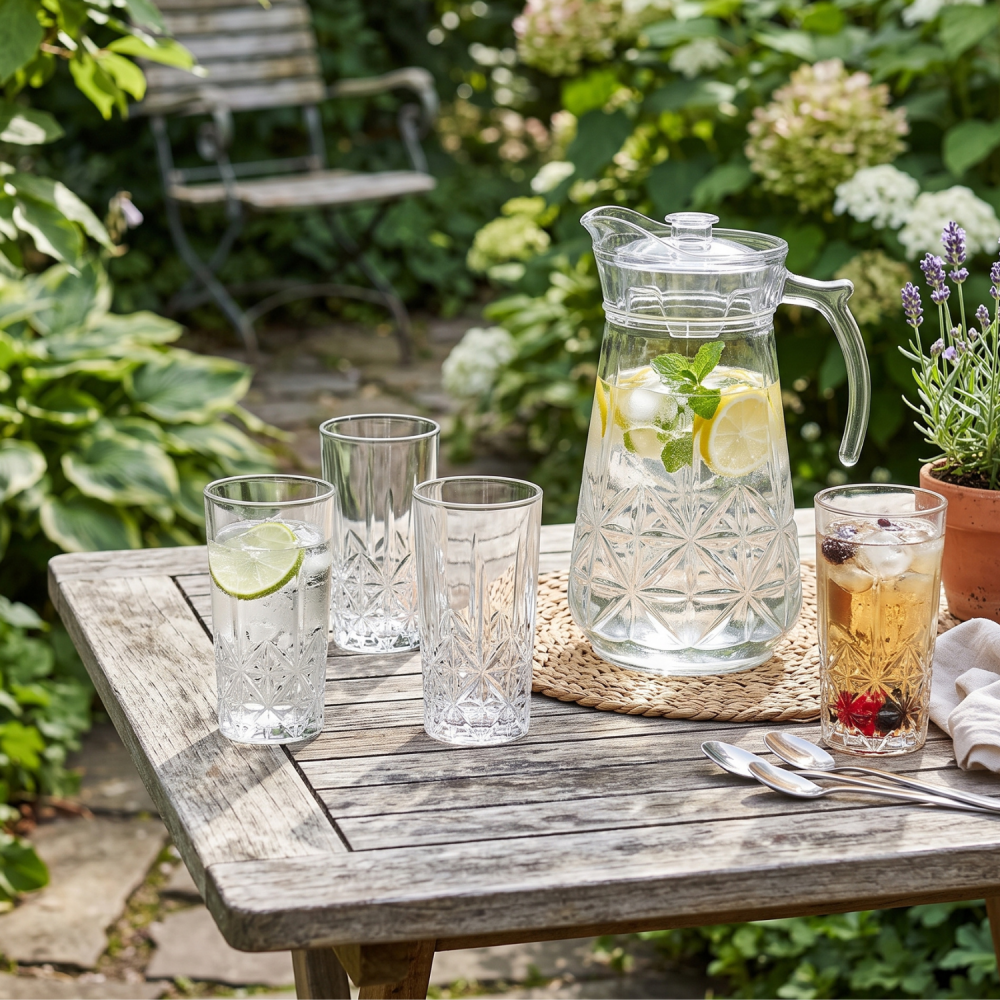 Set carafă cu capac 1,7 L și 6 pahare 278 ml, sticlă transparentă Delisoga, carafă cu mâner și pahare înalte cu model în relief, set 7 piese pentru apă, suc, limonadă, ceai rece și socată [2]