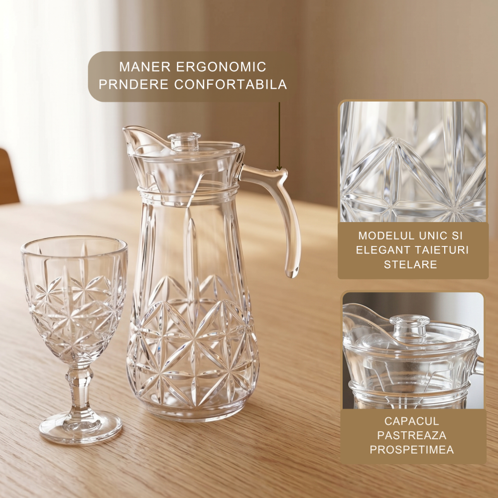 Set carafă cu capac 1,7 L și 6 pahare cu picior 340 ml, sticlă transparentă Delisoga, carafă cu mâner, model în relief, set 7 piese pentru apă, suc, limonadă și vin, set servire băuturi [3]