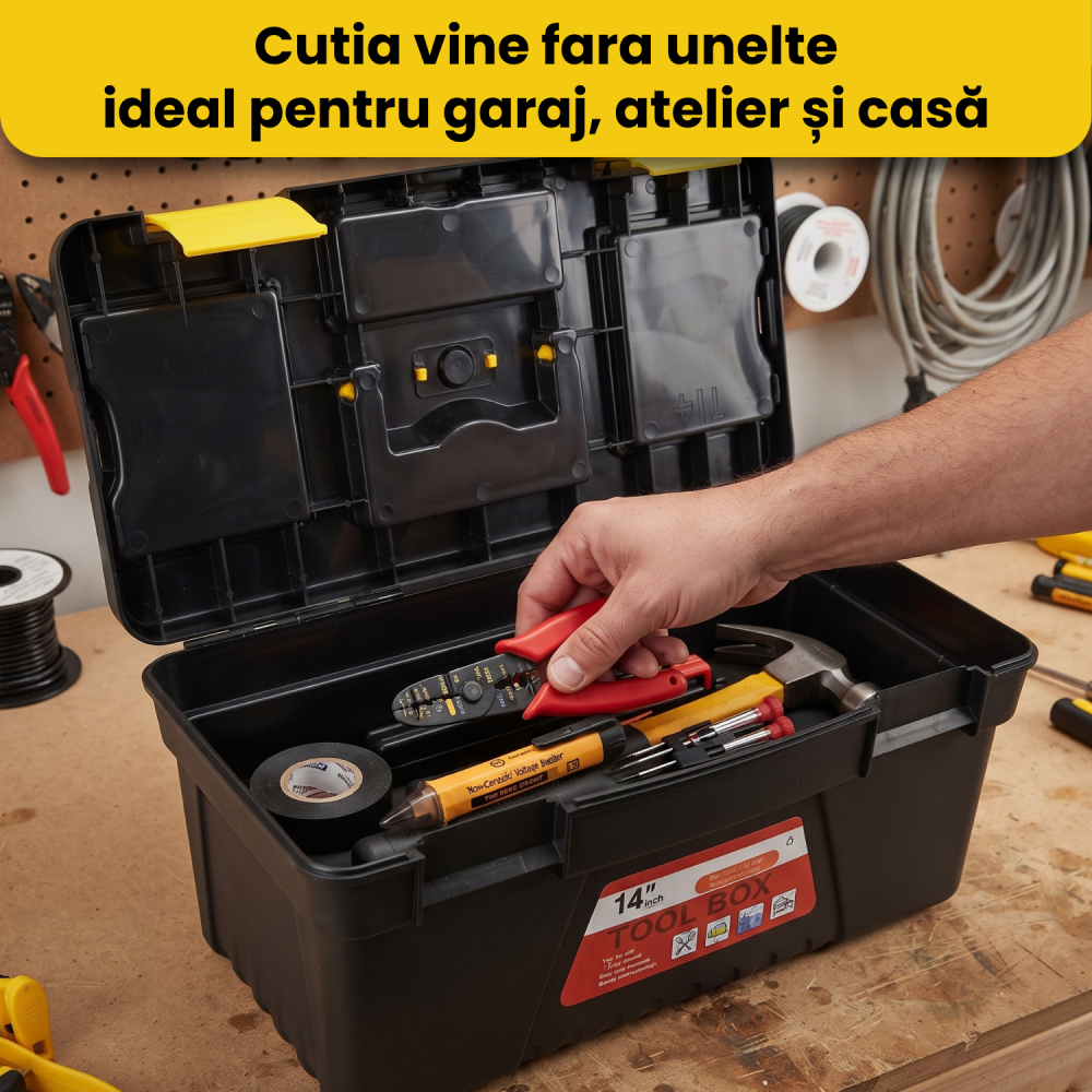 Cutie pentru scule si unelte, organizator unelte cu compartimente pentru piese mici, cutie depozitare scule din plastic rezistent la impact, maner ergonomic pliabil, 37 x 19 x 18 cm [2]