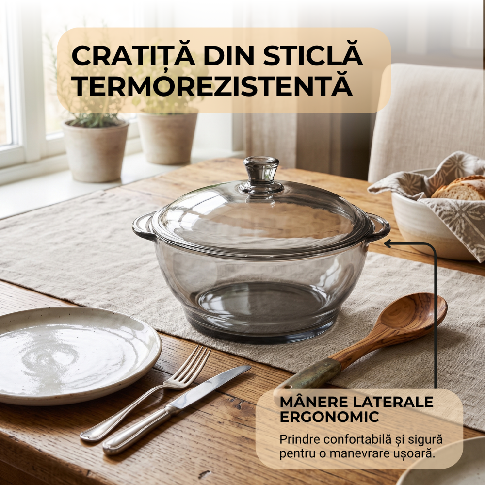 Vas din sticlă fumurie cu capac 1,5 L Delisoga, bol tip oală gri, castron mare cu capac pentru salate, garnituri, deserturi și gustări, vas de servire și păstrare alimente, sticlă fumurie [3]