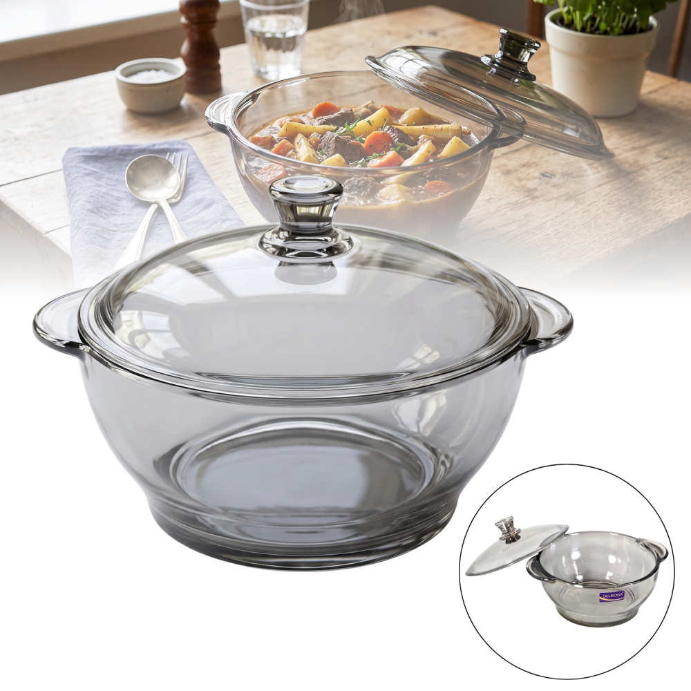 Vas din sticlă fumurie cu capac 1,5 L Delisoga, bol tip oală gri, castron mare cu capac pentru salate, garnituri, deserturi și gustări, vas de servire și păstrare alimente, sticlă fumurie [1]