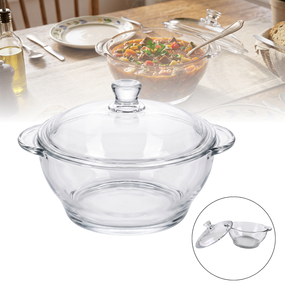 Vas din sticlă cu capac 1 L Delisoga, bol tip oală cu mânere, transparent, castron cu capac pentru salate, zacuscă, garnituri, deserturi și gustări, vas de servire și păstrare alimente [1]