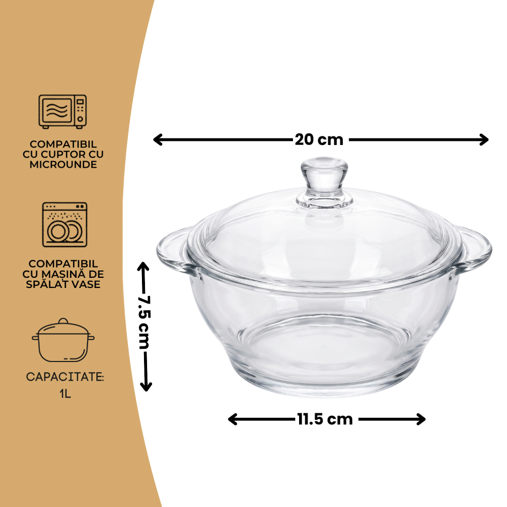 Vas din sticlă cu capac 1 L Delisoga, bol tip oală cu mânere, transparent, castron cu capac pentru salate, zacuscă, garnituri, deserturi și gustări, vas de servire și păstrare alimente [4]