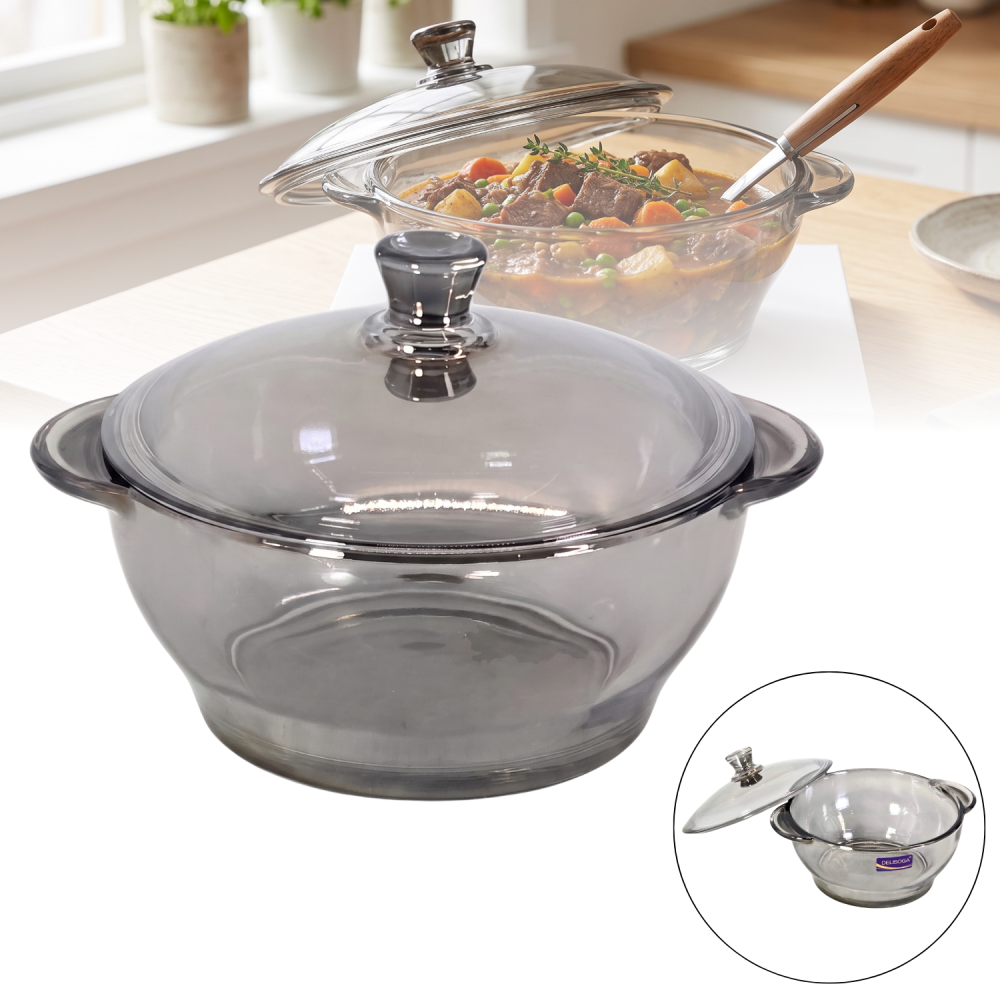 Vas din sticlă fumurie cu capac 1 L Delisoga, bol tip oală gri cu mânere, castron cu capac pentru salate, zacuscă, garnituri și deserturi, vas de servire și păstrare alimente, sticlă fumurie [1]