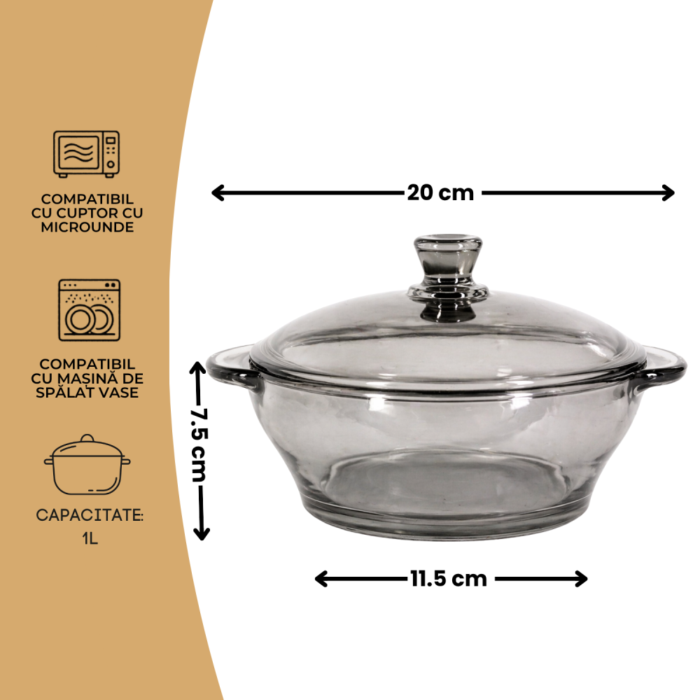 Vas din sticlă fumurie cu capac 1 L Delisoga, bol tip oală gri cu mânere, castron cu capac pentru salate, zacuscă, garnituri și deserturi, vas de servire și păstrare alimente, sticlă fumurie [4]