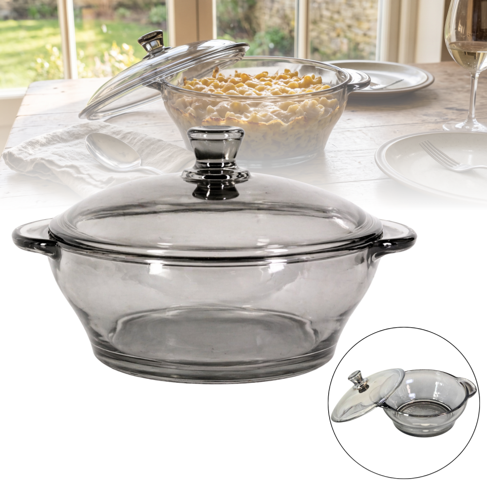 Vas din sticlă fumurie cu capac 750 ml Delisoga, bol tip oală gri cu mânere, castron cu capac pentru salate, sosuri, garnituri, deserturi și gustări, vas de servire și păstrare alimente [1]