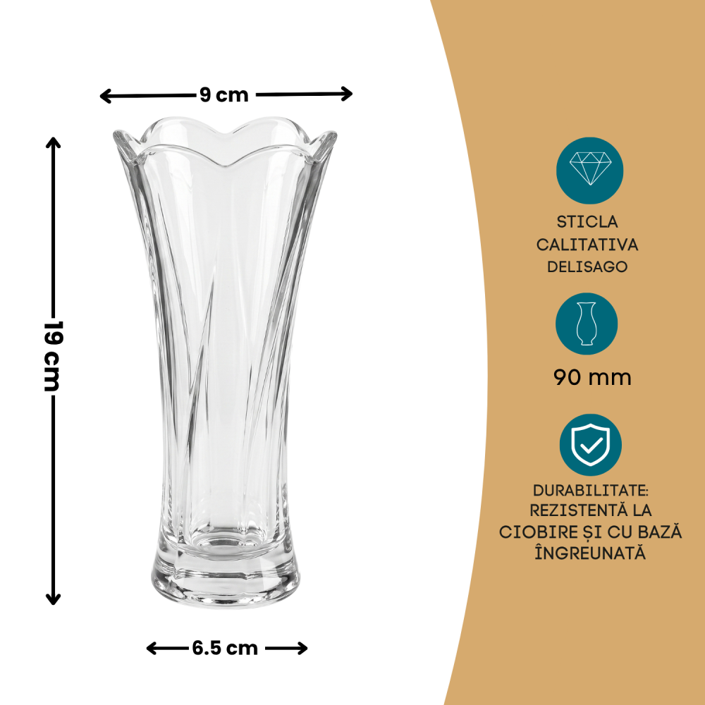 Vază din sticlă 330 ml Delisoga, vază transparentă înaltă cu gura evazată și model în relief, pentru flori tăiate, trandafiri, lalele și buchete mici, decor pentru masă, birou și living [4]