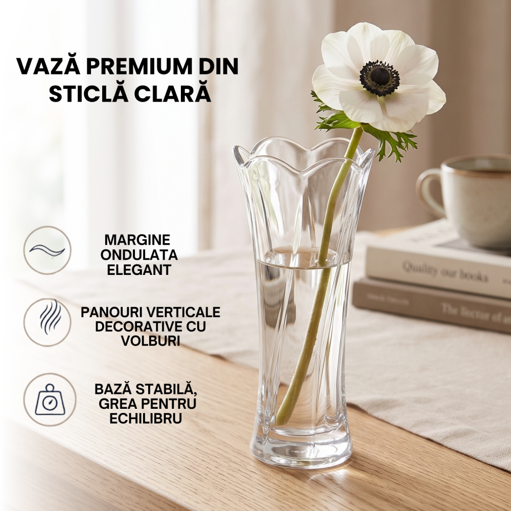 Vază din sticlă 330 ml Delisoga, vază transparentă înaltă cu gura evazată și model în relief, pentru flori tăiate, trandafiri, lalele și buchete mici, decor pentru masă, birou și living [3]