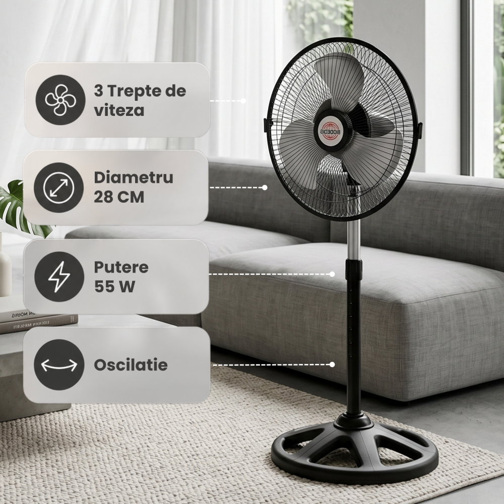 Ventilator cu Picior reglabil, 55W, 3 trepte de viteză, Oscilație automată, Diametru 28 cm, Inălțime ajustabilă 70-97 cm, negru [4]