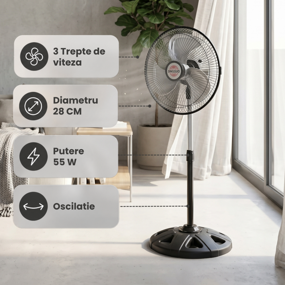Ventilator cu Picior reglabil, 55W, 3 trepte de viteză, Oscilație automată, Diametru 28 cm, Inălțime ajustabilă 70-97 cm, negru [5]
