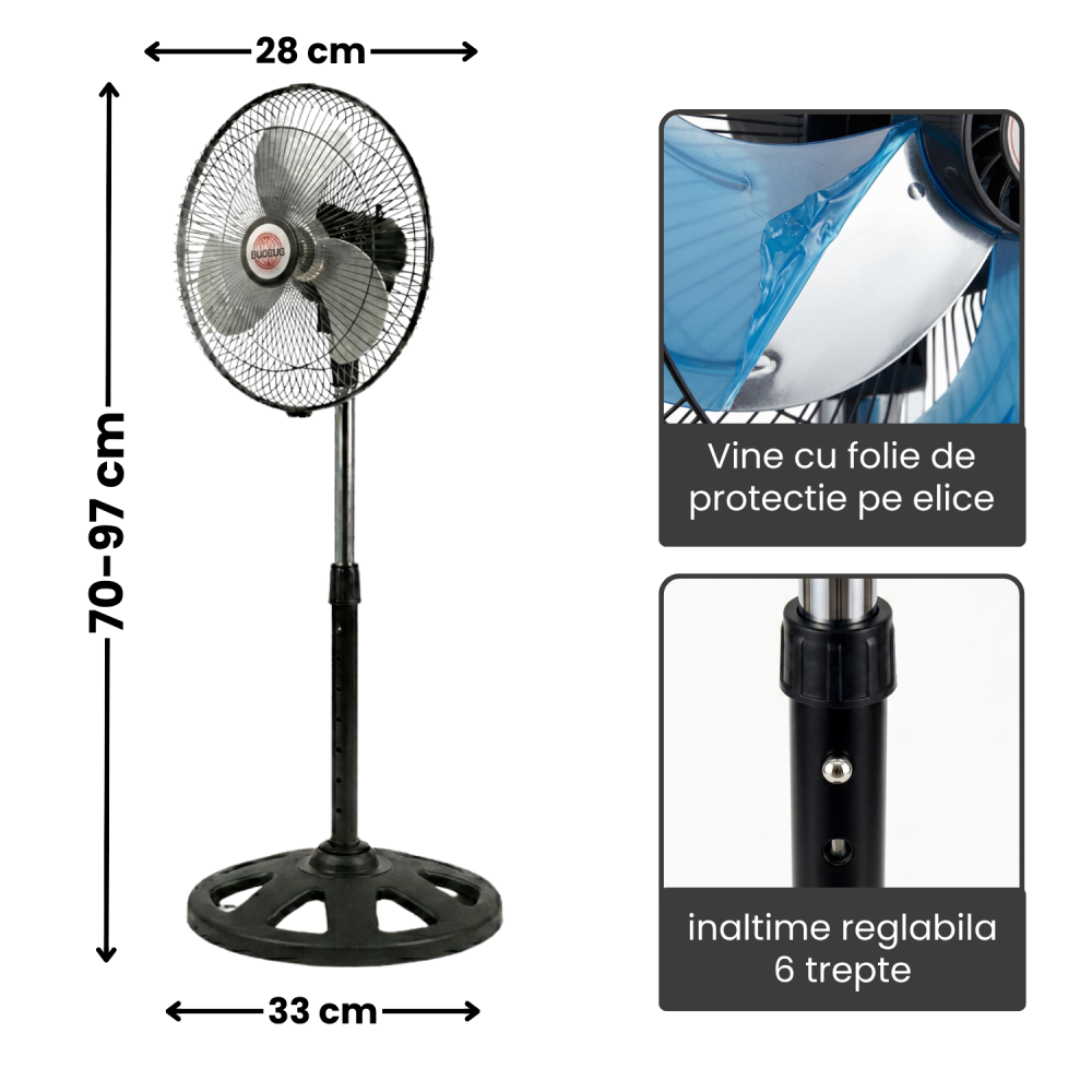 Ventilator cu Picior reglabil, 55W, 3 trepte de viteză, Oscilație automată, Diametru 28 cm, Inălțime ajustabilă 70-97 cm, negru [5]