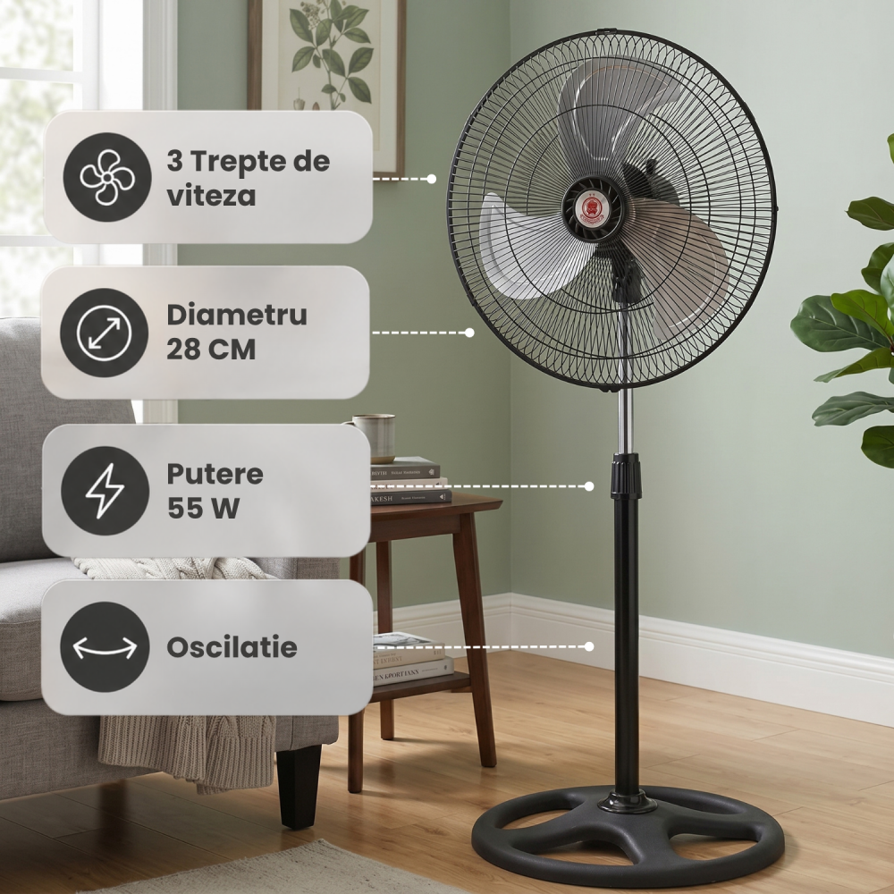Ventilator de Podea, Putere 55W, 3 Trepte de Viteza, 220V - 240V, 3 Pale din Aluminiu, Diametru 28 cm [4]