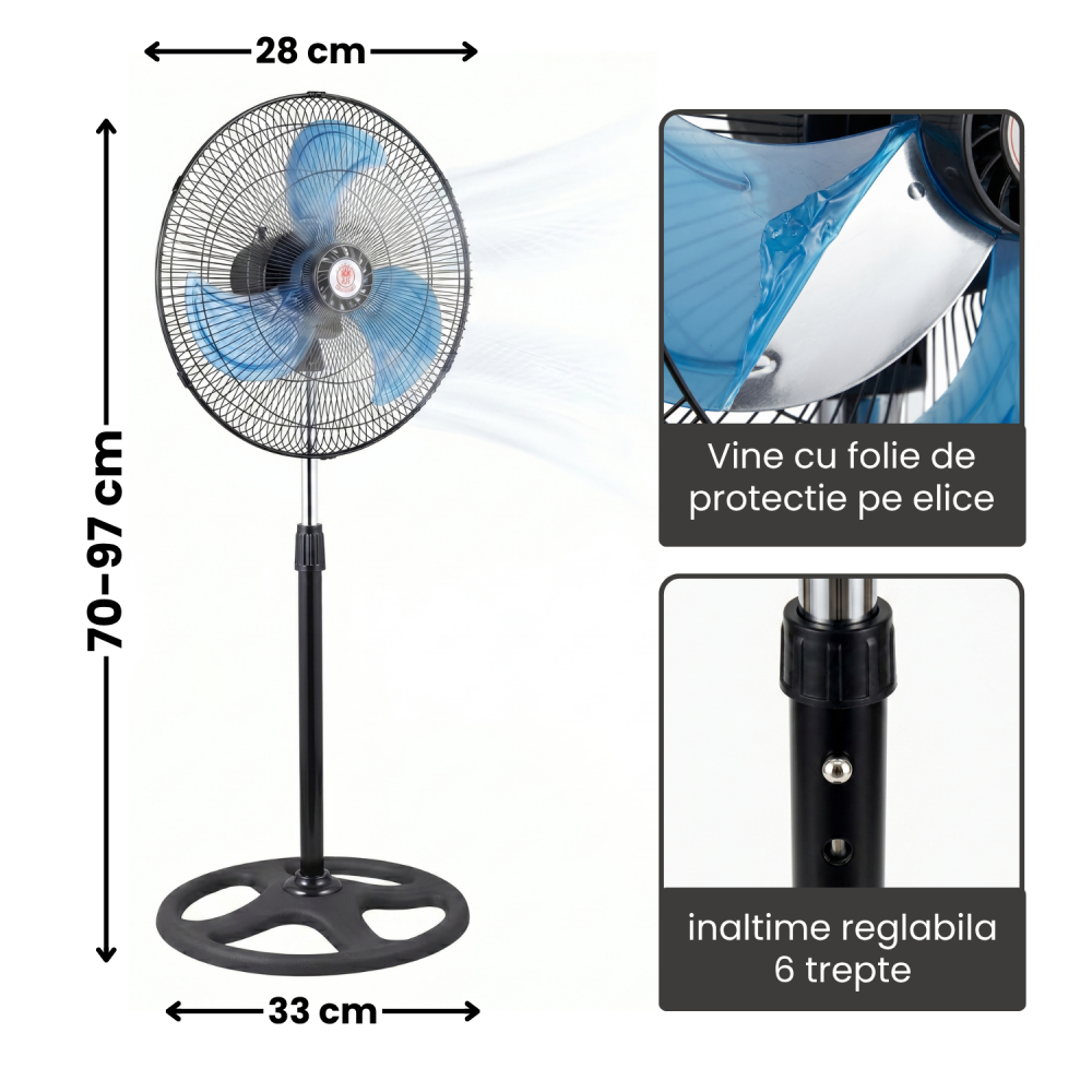 Ventilator de Podea, Putere 55W, 3 Trepte de Viteza, 220V - 240V, 3 Pale din Aluminiu, Diametru 28 cm [6]