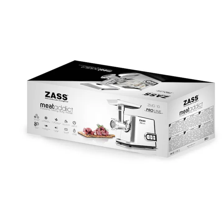 Masina de tocat cu accesoriu de rosii Zass ZMG 10, Putere 3000W, Putere nominala 1200W, Toaca intre 50-70 Kg/ora, Roti dintate metalice, 3 discuri din inox incluse [4]