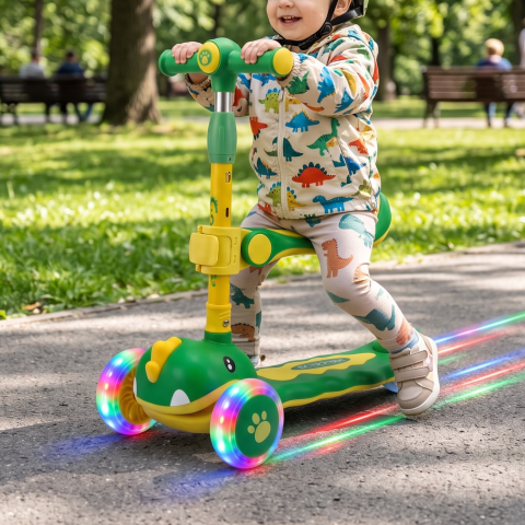 ​​​​​​​Trotinetă copii 3 în 1 cu scaun detașabil, ghidon reglabil pe înălțime 62-73 cm, roți LED, direcție prin înclinare, frână spate, 3 roți, design dinozaur, trotinetă evolutivă, Verde-galben [1]