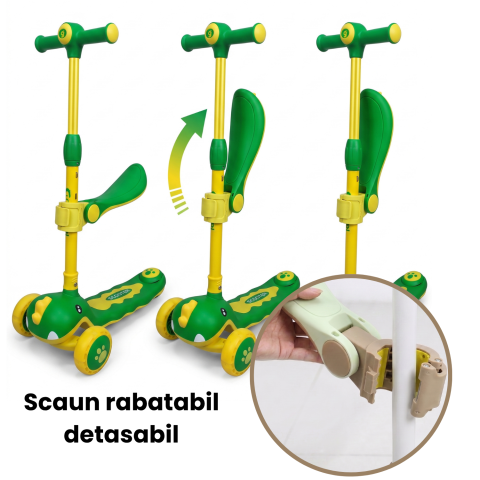 ​​​​​​​Trotinetă copii 3 în 1 cu scaun detașabil, ghidon reglabil pe înălțime 62-73 cm, roți LED, direcție prin înclinare, frână spate, 3 roți, design dinozaur, trotinetă evolutivă, Verde-galben [5]