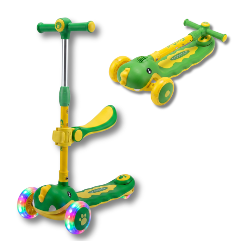 Trotinete copii & joacă exterior - ​​​​​​​Trotinetă copii 3 în 1 cu scaun detașabil, ghidon reglabil pe înălțime 62-73 cm, roți LED, direcție prin înclinare, frână spate, 3 roți, design dinozaur, trotinetă evolutivă, Verde-galben