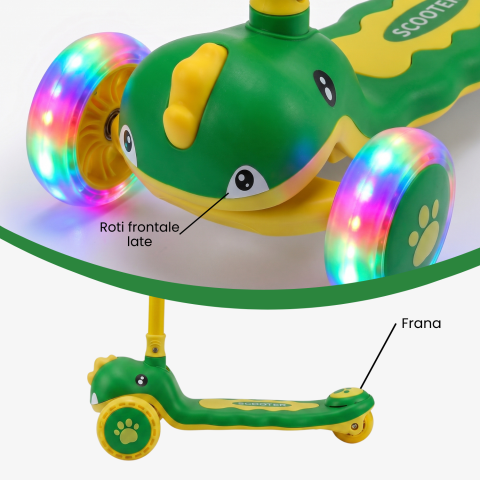 ​​​​​​​Trotinetă copii 3 în 1 cu scaun detașabil, ghidon reglabil pe înălțime 62-73 cm, roți LED, direcție prin înclinare, frână spate, 3 roți, design dinozaur, trotinetă evolutivă, Verde-galben [6]