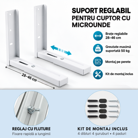 Suport cuptor cu microunde reglabil 28-46 cm pentru perete, metalic, alb, 50 kg [2]