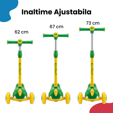 ​​​​​​​Trotinetă copii 3 în 1 cu scaun detașabil, ghidon reglabil pe înălțime 62-73 cm, roți LED, direcție prin înclinare, frână spate, 3 roți, design dinozaur, trotinetă evolutivă, Verde-galben [3]