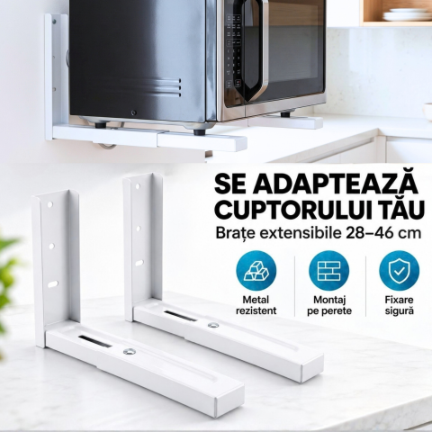 Suport cuptor cu microunde reglabil 28-46 cm pentru perete, metalic, alb, 50 kg [3]