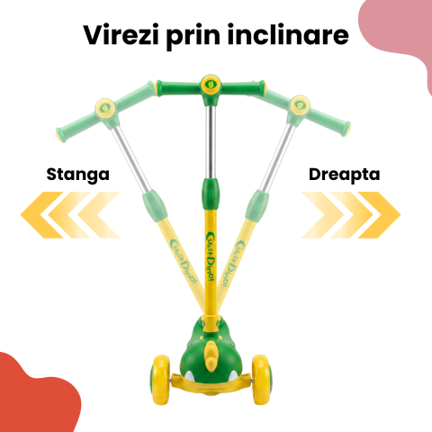 ​​​​​​​Trotinetă copii 3 în 1 cu scaun detașabil, ghidon reglabil pe înălțime 62-73 cm, roți LED, direcție prin înclinare, frână spate, 3 roți, design dinozaur, trotinetă evolutivă, Verde-galben [4]