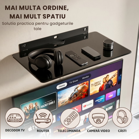 Raft de sticlă securizată pentru perete, suport TV pentru router, decodor, consolă și accesorii, 34,5 x 24 cm, max. 10 kg, suport metalic, montaj cu șuruburi, negru, pentru organizarea gadgeturilor [1]