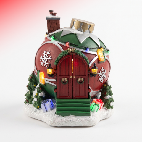 Decorațiuni Crăciun - Decorațiune Crăciun căsuță cu Moș Crăciun animat, uși mobile, lumini LED și muzică, 21 cm