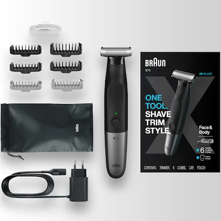 Aparat hibrid de barbierit si tuns barba Braun Series X XT5200 Wet&Dry, 2 x cap pentru ingrijire corporala,  4 piepteni, Saculet de voiaj, Negru [1]