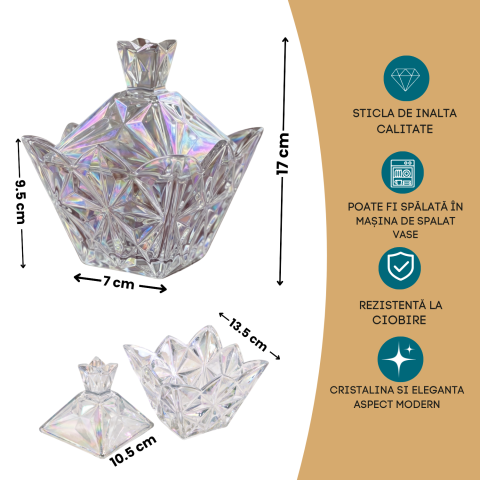 Bomboanieră din sticlă model cristal 188 mm Delisoga, bol decorativ cu aspect de cristal pentru bomboane, ciocolată, fursecuri, nuci și fructe uscate, recipient pentru masa festivă și living [3]