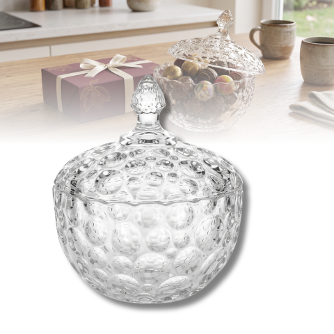Bomboanieră din sticlă cu capac 120 mm Delisoga, model cu bule în relief, recipient pentru bomboane, ciocolată, biscuiți și fructe uscate, borcan decorativ transparent pentru masă și living