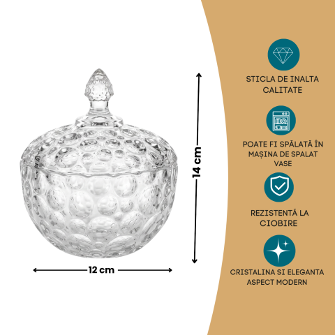 Bomboanieră din sticlă cu capac 120 mm Delisoga, model cu bule în relief, recipient pentru bomboane, ciocolată, biscuiți și fructe uscate, borcan decorativ transparent pentru masă și living [3]