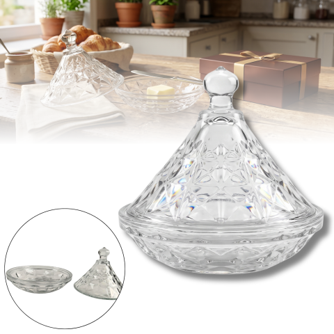 Bomboanieră din sticlă cu capac 126,5 mm Delisoga, bol cu capac pentru bomboane, ciocolată, rahat, biscuiți și fructe uscate, model în relief, sticlă transparentă, decor pentru masă și living