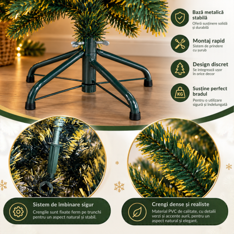 Brad de Crăciun artificial 120 cm verde cu vârfuri aurii, crengi PVC și suport metalic [3]