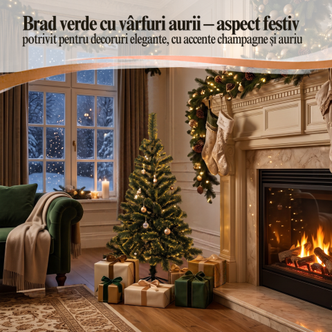 Brad de Crăciun artificial 120 cm verde cu vârfuri aurii, crengi PVC și suport metalic [1]