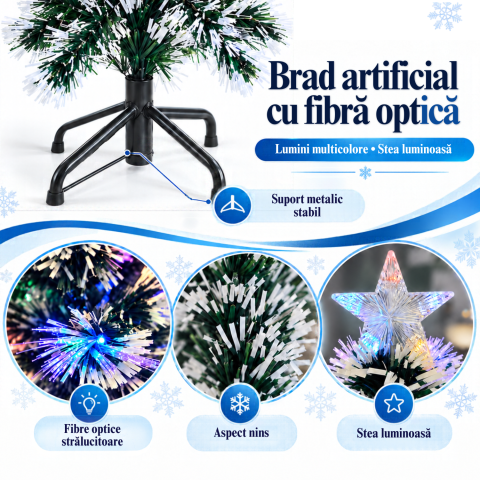 Brad artificial de Crăciun 90 cm cu fibră optică, lumini multicolore, aspect nins și stea luminoasă [4]