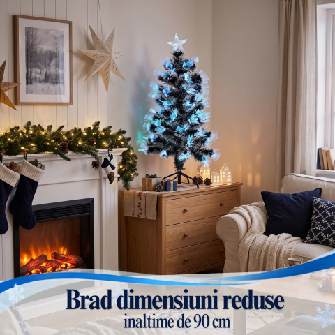 Brad artificial de Crăciun 90 cm cu fibră optică, lumini multicolore, aspect nins și stea luminoasă [1]