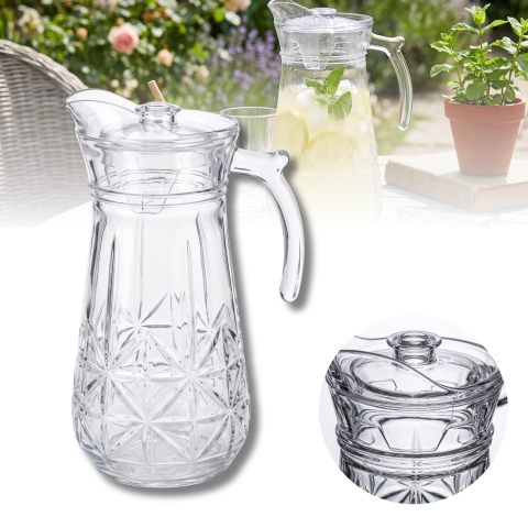 Carafă din sticlă cu capac 1,7 L Delisoga, carafă cu mâner pentru apă, suc, limonadă și ceai rece, sticlă transparentă cu model în relief, carafă de servire pentru masă, terasă și grădină
